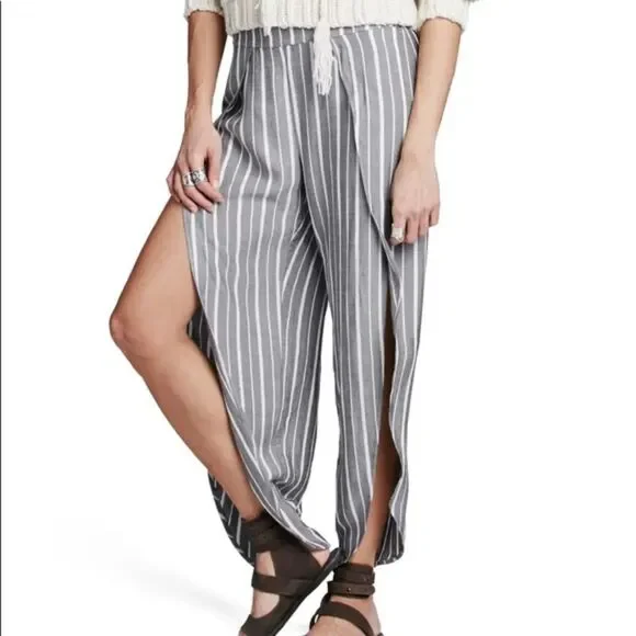 Free People Gray & White Striped Rayon Palazzo Pants Split Legs